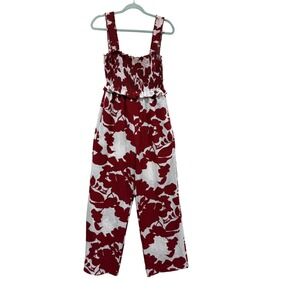 Doe and Rae Womens Red White Floral Smocked Wide Leg Jumpsuit Small 28231R